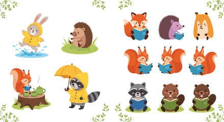 Cute Forest Animals and Reading Characters Collection with Rabbit in Raincoat, Hedgehog, Fox, Raccoon, Squirrel, and Beaver Flat Vector Illustration Set © Minara