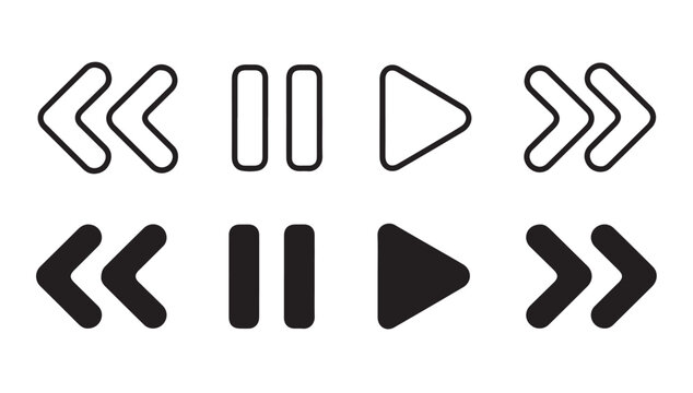 Media player control buttons set with fast forward rewind play pause navigation symbols.