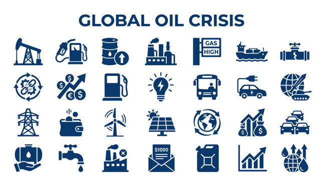 Global Oil Crisis Concept with Industry Icons and Economic Impact Symbols Illustrating Energy Shortage and Price Volatility
