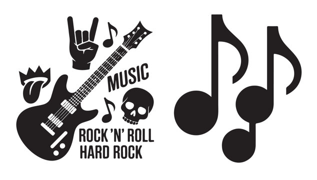 Rock and roll hard rock music emblem with electric guitar and hand sign illustration vector.