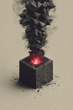 Abstract black cube exploding with glowing core.