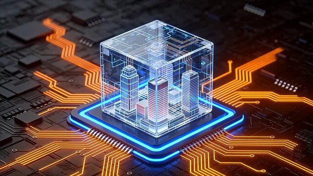 Futuristic cube with buildings on circuit board