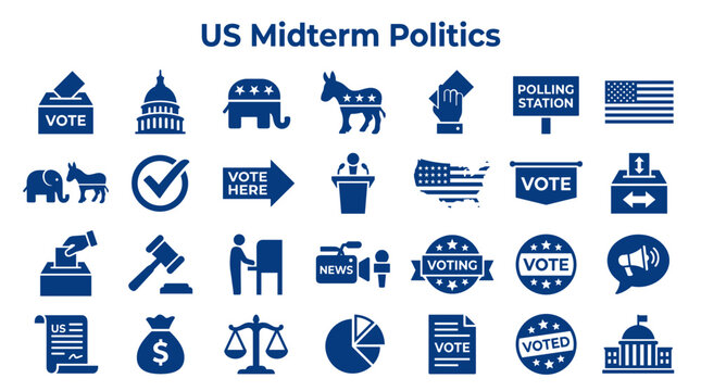 US Midterm Politics Icons representing voting elections government and democracy symbols