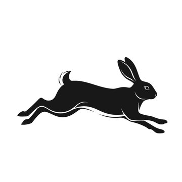 Silhouette of a black rabbit running at full speed, isolated on a white background.