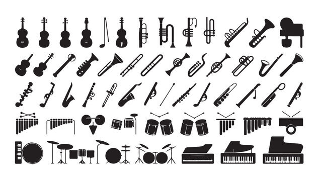Set of musical instruments vector silhouette icons isolated on transparent background.