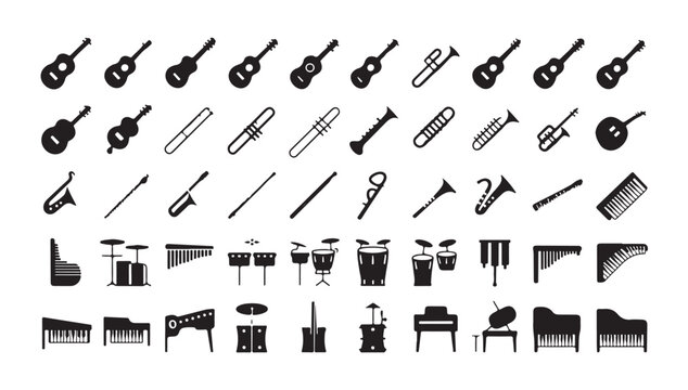 Set of musical instrument vector silhouette icons isolated on transparent background.