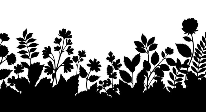 Black floral silhouettes, botanical vector border, plant leaf shapes, garden landscape design elements vector eps silhouette