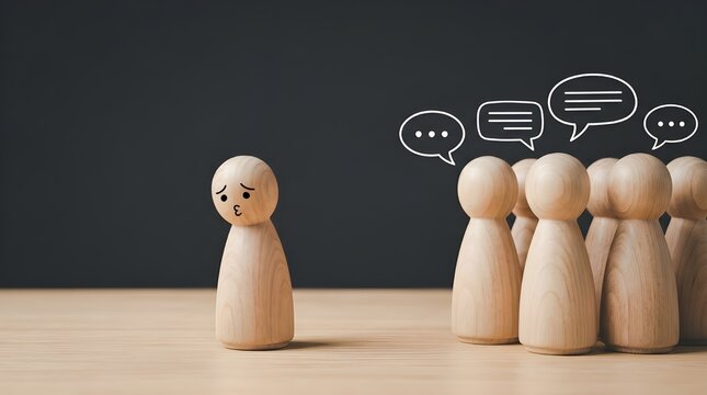 Sad wooden figure excluded from group. Concept of bullying, discrimination, isolation, loneliness, and mental health in society, workplace or school.
