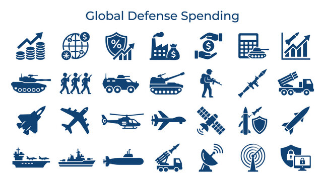 Global defense spending concept with icons of military equipment, finance symbols and economic growth charts