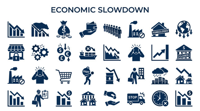 Economic Slowdown Icons Representing Financial Crisis Recession and Business Decline with Global Impact