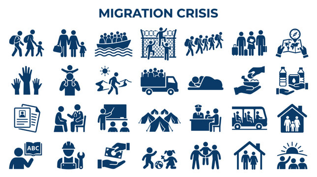Collection of icons representing migration crisis challenges and human movement across borders including families refugees and aid efforts