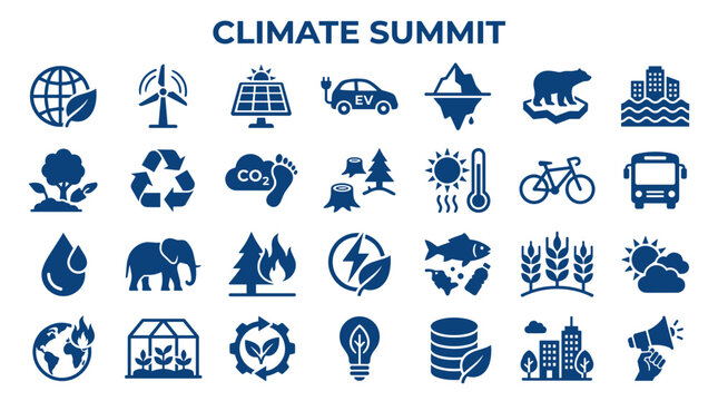 Climate Summit Icons Representing Global Environmental Issues and Sustainable Solutions for a Green Future