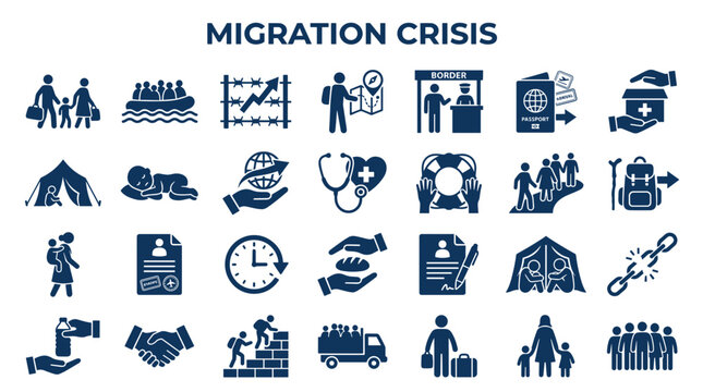 Migration crisis icons representing refugee journey challenges border crossing humanitarian aid and support services for displaced people seeking safety and new life