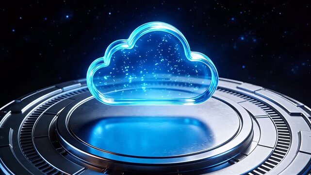 Blue cloud icon on metallic platform