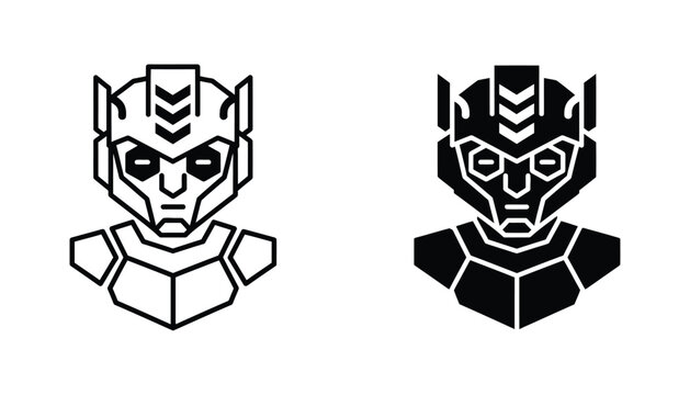 Futuristic robot head character portrait icon set in outline and solid black silhouette styles for sci-fi and technology design projects