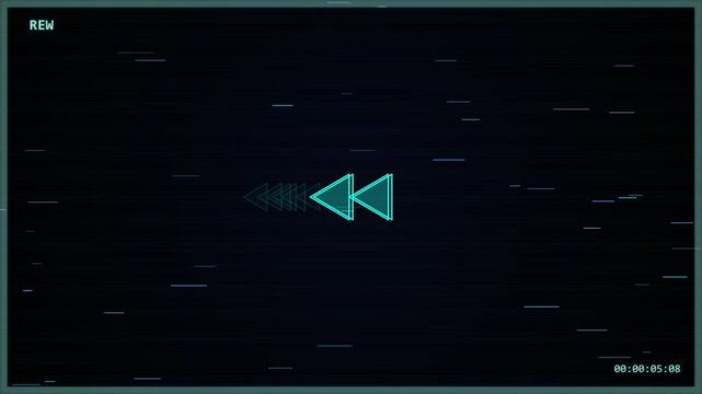Rewind video interface with flickering neon arrows and digital scan lines