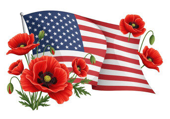 Obraz premium American flag with red poppies on a vintage wooden background PNG isolated on transparent background