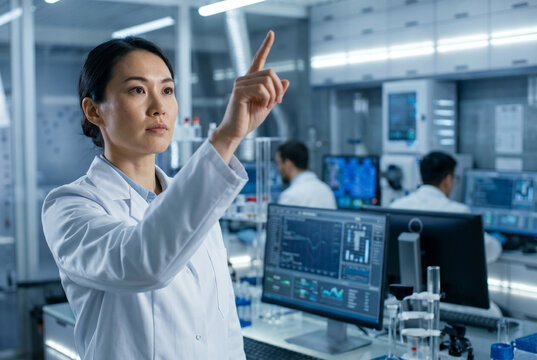 Female scientist interacting with an invisible screen, researching in a future technology lab