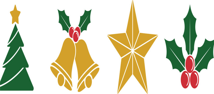 Christmas icons vector set with green pine tree, golden bells, yellow star and holly berries for holiday decoration