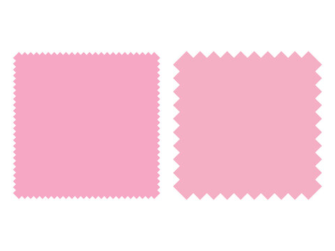 Pink fabric swatches or paper pieces with zig zag pinking shear edges for fashion and textile design concepts.