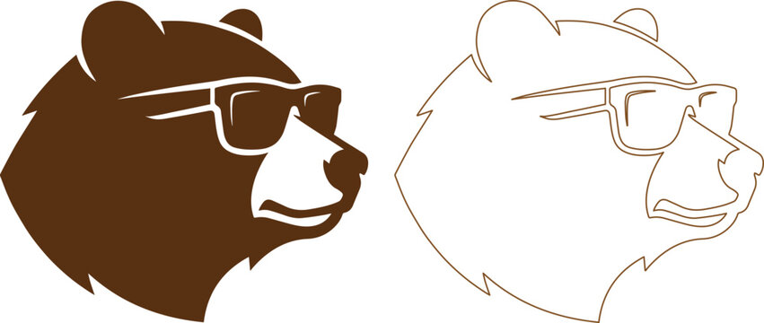 サングラスをかけたクマの横顔ロゴ、スタイリッシュな熊のキャラクターベクター素材、茶色のシルエットと線画の2つのバリエーション、アウトドアやキャンプ用品のブランドデザインに最適な動物アイコン