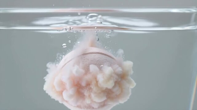 Dropping bath bomb into water, slow motion fizzing reaction, spa relaxation concept, generative AI