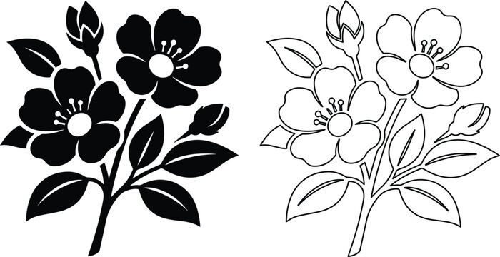 ボタニカルな花のイラスト、モノクロのシルエットと線画のベクター素材セット、エレガントな植物の装飾デザイン、招待状やロゴ制作に最適な2種類の花のグラフィック、白黒のシンプルな花のアイコン