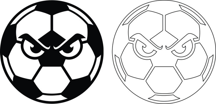 サッカーボールの怒った表情のキャラクターイラスト, スポーツチームのロゴやエンブレム用ベクター素材, 白黒の力強いサッカーボールの顔のデザイン, 2種類のバリエーションセット