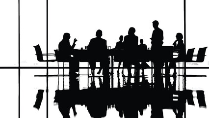 Fototapeta premium Silhouettes of people in a conference room reflected on a glossy floor