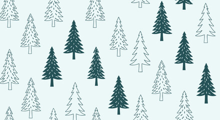 Obraz premium Dense seamless pattern of stylized pine trees in shades of dark and light green creates a serene forest landscape suitable for wrapping paper.