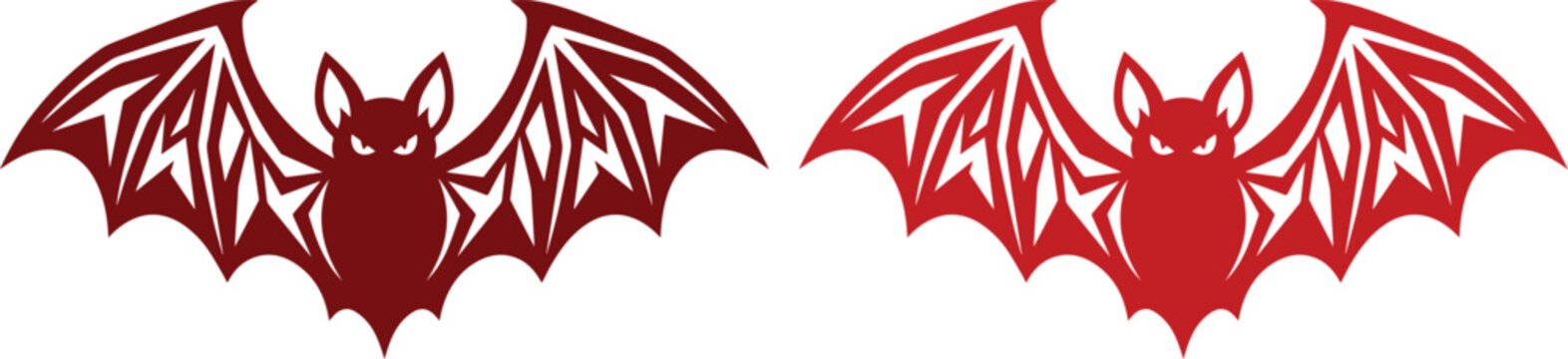 トライバルスタイルのコウモリのベクターイラスト2点セット、赤い翼を広げた力強いコウモリのロゴデザイン、ハロウィンやタトゥーアートに最適なダークでクールな動物のグラフィック素材