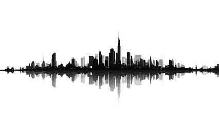A striking black and white silhouette of a modern city skyline and its reflection © MdSafi