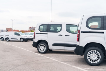 Naklejka premium White delivery vans are parked in rows. Commercial fleet of vehicles