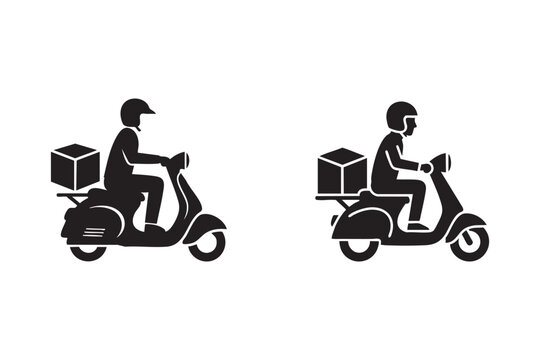 Delivery Rider Icon Vector, Scooter Courier Silhouette, Food Delivery Service Logo Set