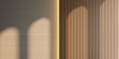 Modern interior architectural background with horizontal textured beige wall, vertical wood slats, and warm arched shadow. © AuzaStudio
