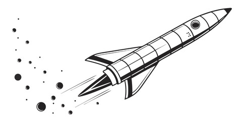Retro rocket ship blasting off with exhaust trails and space debris black and white vector illustration blast off sci fi science fiction white background line art spaceship © AX