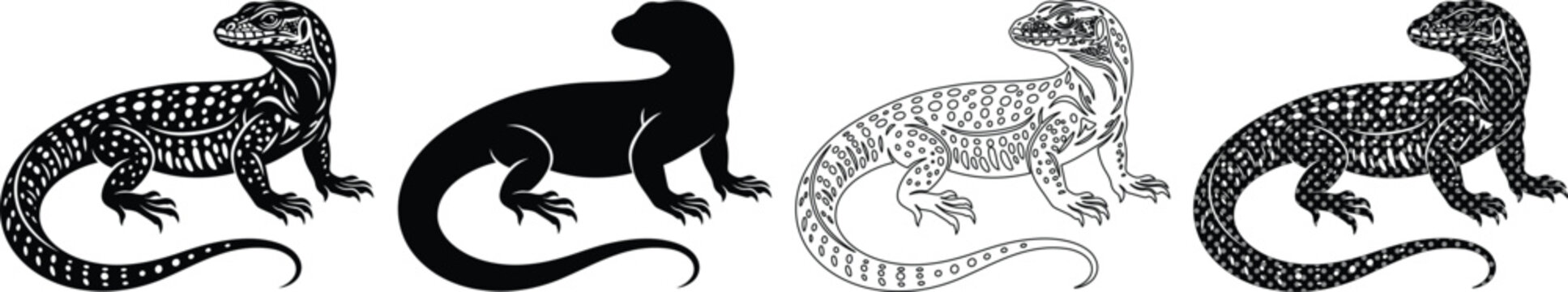 ヴィンテージ風のトカゲのイラストセット、モノクロで描かれた爬虫類と大トカゲのベクター素材、4種類の異なるスタイルで表現された野生動物のシルエットとラインアート、生物学の図鑑やロゴデザインに最適な爬虫類のグラフィック