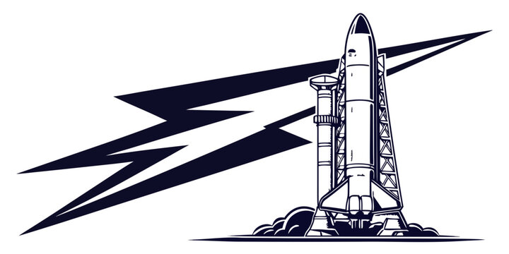 Line art drawing of a space shuttle on a launchpad with a dramatic lightning bolt graphic outer space abstract graphic launchpad spacecraft illustration technology aviation