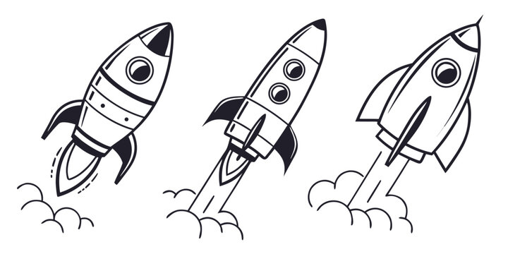 Three simple line drawing rocket ships taking off with smoke blast off outer space line art take off illustration transport technology spaceship starship adventure