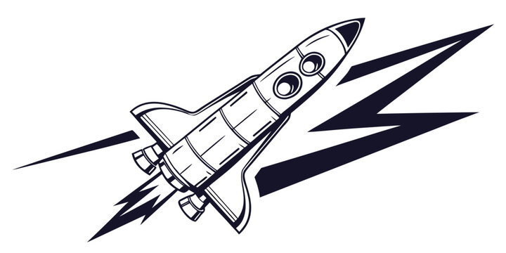 Black and white illustration of a rocket ship launching with a stylized lightning bolt symbol science fiction sci fi blast off outer space spacecraft illustration starship