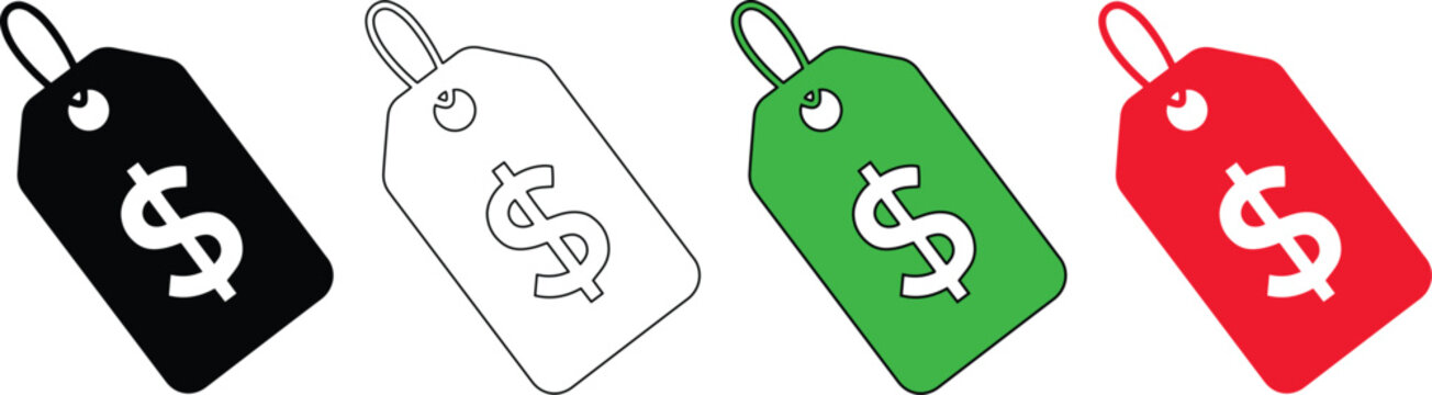 ショッピング用プライスタグのベクターアイコンセット, ドル記号が描かれた4色の値札デザイン, セールや割引キャンペーンに最適なフラットイラスト, 黒・白・緑・赤のバリエーション豊富なラベル素材