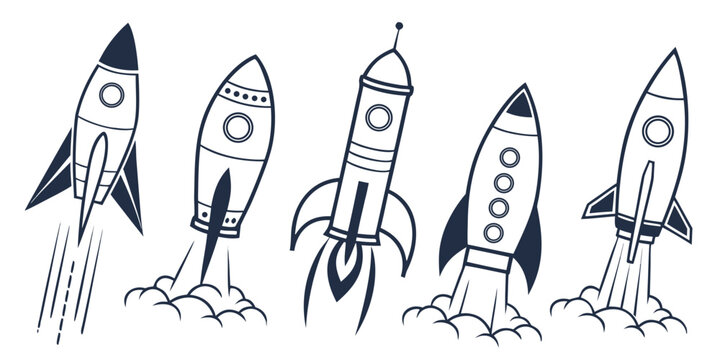 Collection of diverse rockets launching with smoke clouds spaceships collection illustration abstract technology enterprise exploration movement explosion multiple