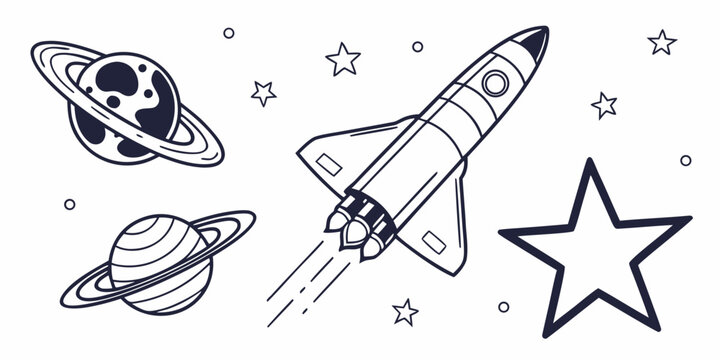Rocket ship flying past planets and stars in outer space with ringed planet star shape spaceship universe exploration illustration abstract technology enterprise movement