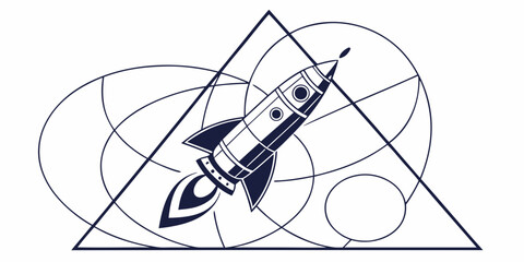 Retro rocket ascending through geometric shapes and lines with spacecraft geometric triangle abstract illustration technology exploration minimalist navigational celestial © AX