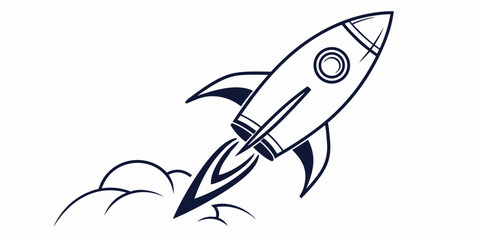Outline of a rocket launching with smoke clouds dark blue on white background graphic illustration blast off line art spacecraft beginning exploration discovery universe © AX