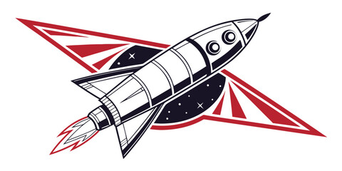 Stylized rocket blasting off with red starburst background spacecraft starburst illustration excitement adventure exploration futuristic technology energetic striking © AX