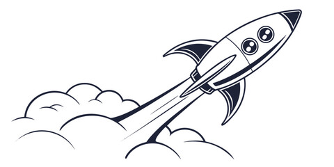 Cartoon rocket ship ascending through stylized clouds with spacecraft stylized illustration childlike technology exploration propulsion progress innovation creativity © AX