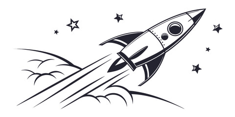 Illustration of a rocket blasting off into space with stars and nebulae blast off outer space universe take off exploration discovery technology innovation illustration © AX