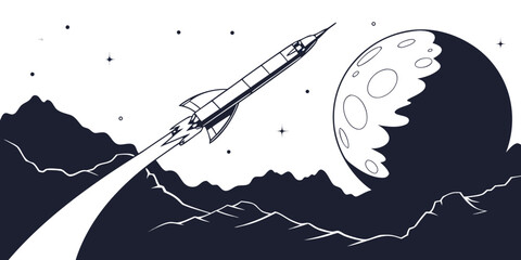 Rocket ship traveling past moon and rocky terrain deep space illustration outer space celestial body science fiction abstract landscape mountains universe exploration © AX