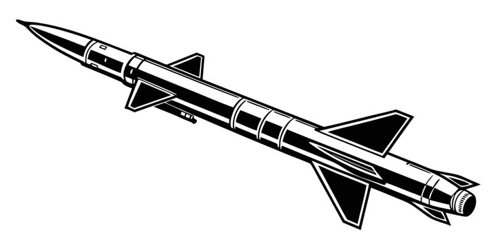 Detailed black and white illustration of a surface-to-air missile with military technology aerospace projectile illustration security propulsion launching machinery